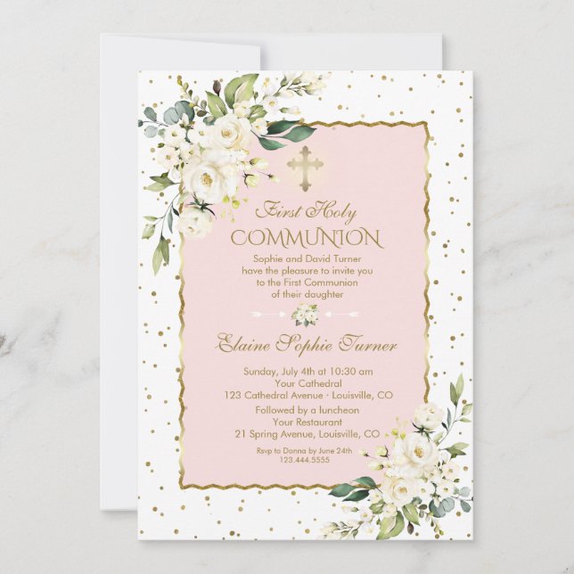 Luxury Gold Confetti White Floral Heilige Kommune Einladung (Vorderseite)