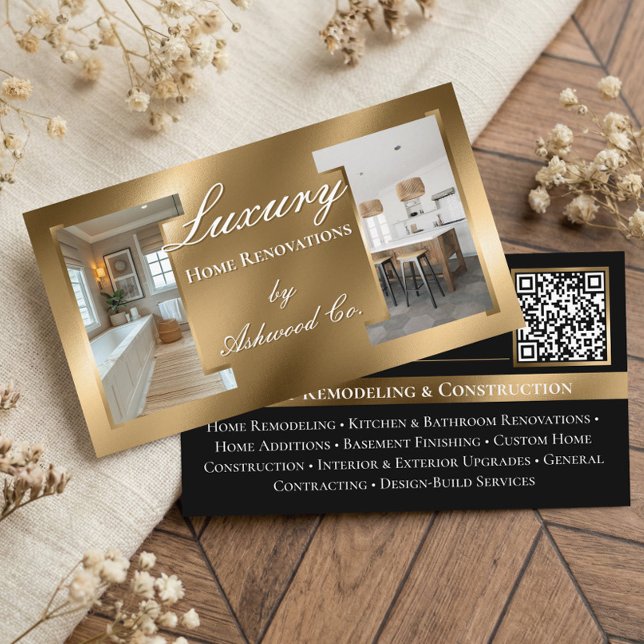Luxury Gold Contractor Home Builder Photo QR Code Visitenkarte (Luxury Contractor Home Builder Business QR Code Business Card)
