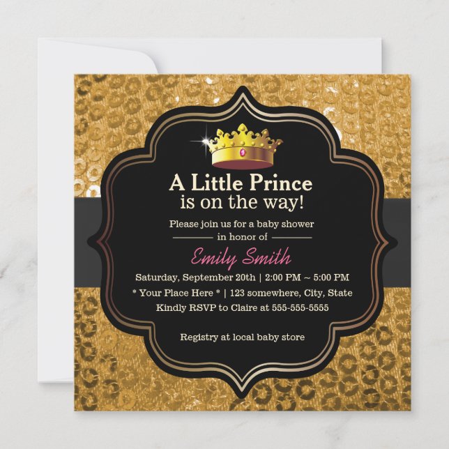 Luxury Gold Crown Little Prince Baby Dusche Einladung (Vorderseite)