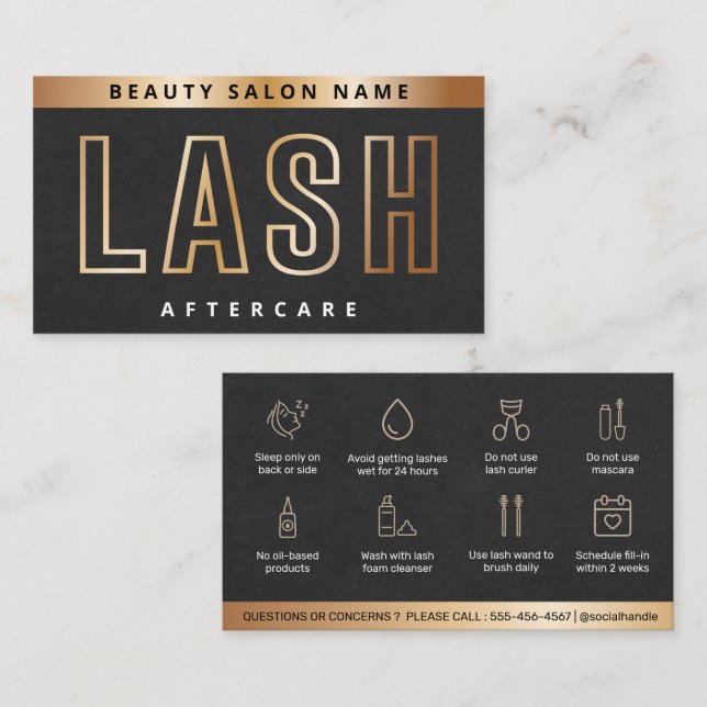Luxury Gold Eyelash Extensions Lash Aftercare Card Visitenkarte (Vorne/Hinten)