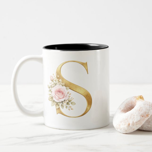 Luxury Gold Floral Letter S Monogram Zweifarbige Tasse (Mit Donut)