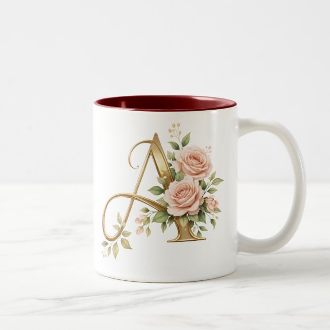 Luxury Gold Floral Monogram A Mug  Premium Elegan Zweifarbige Tasse (Rechts)