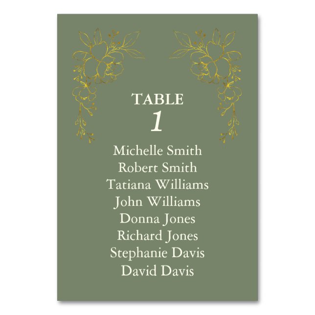 Luxury Gold Flowers Ivory Sage Green Wedding Tischnummer (Vorderseite)