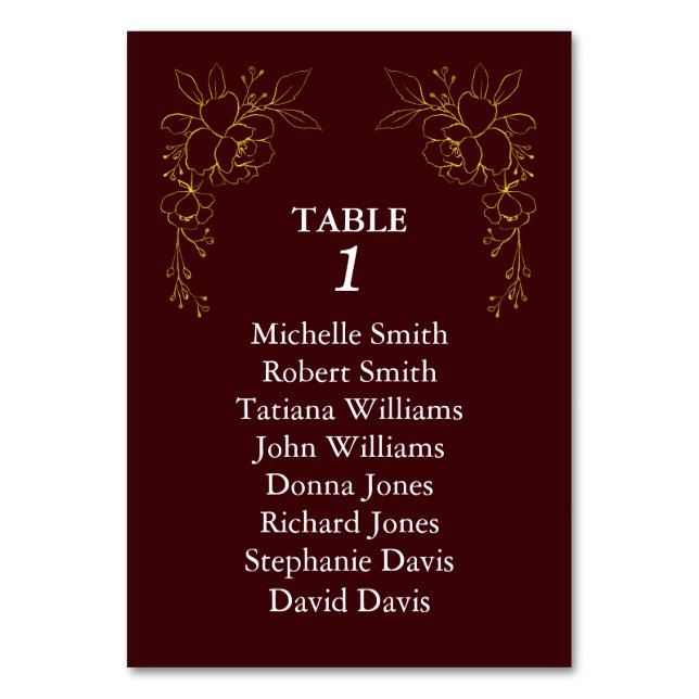 Luxury Gold Flowers Royal Deep Burgundy Wedding Tischnummer (Rückseite)