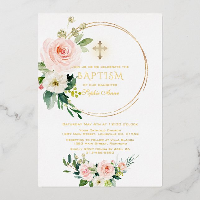 Luxury GOLD FOIL Pink Floral Taufe Folieneinladung (Vorderseite)
