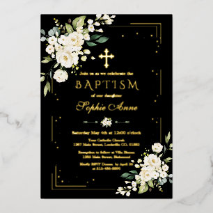 Luxury GOLD FOIL Weiße Blume Schwarze Taufe Folieneinladung