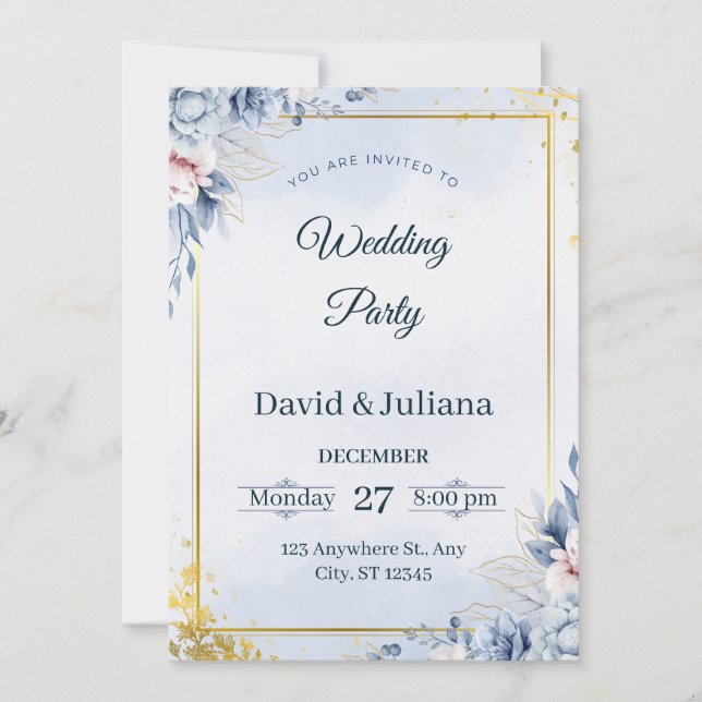 Luxury Gold Frame Navy Blue Floral Wedding Invitat Einladung (Vorderseite)