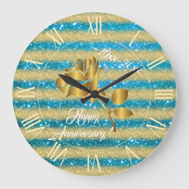 Luxury Gold Glitter Blue Floral Gift Große Wanduhr (Vorderseite)