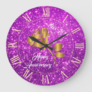 Luxury Gold Glitter Purple Floral Gift Große Wanduhr