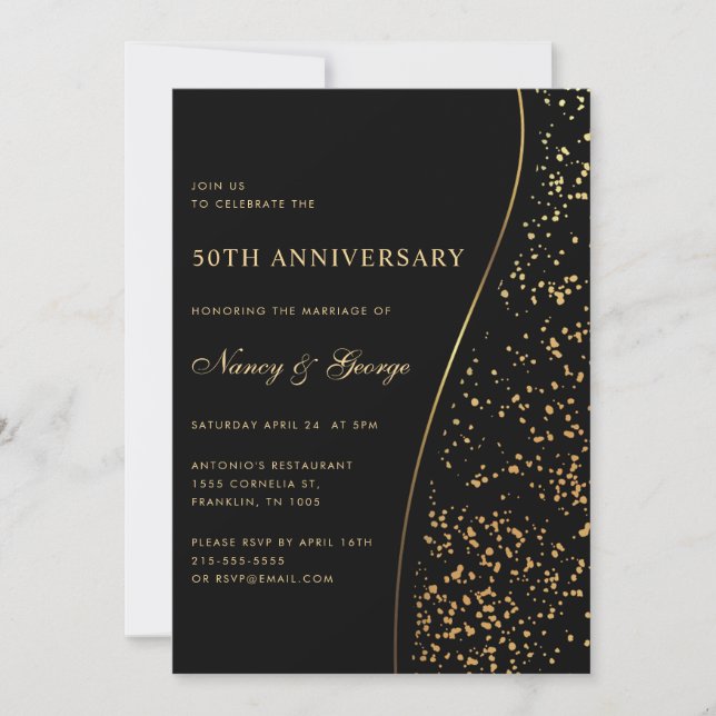 Luxury Gold Glitzer Black 50th Wedding Jubiläum Einladung (Vorderseite)
