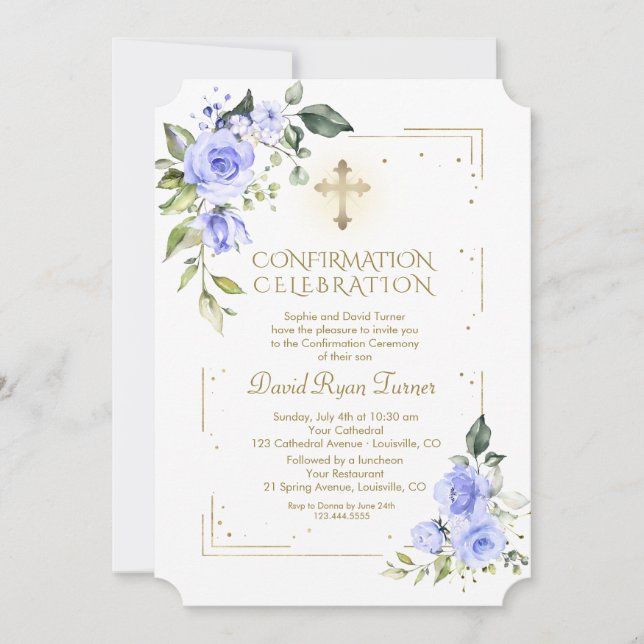 Luxury Gold Glitzer Blue Flowers Boy Bestätigung Einladung (Vorderseite)