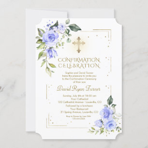 Luxury Gold Glitzer Blue Flowers Boy Bestätigung Einladung