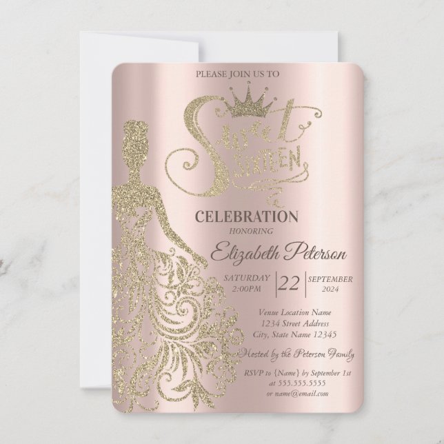 Luxury Gold Glitzer Dress Rose Gold Sweet 16 Einladung (Vorderseite)