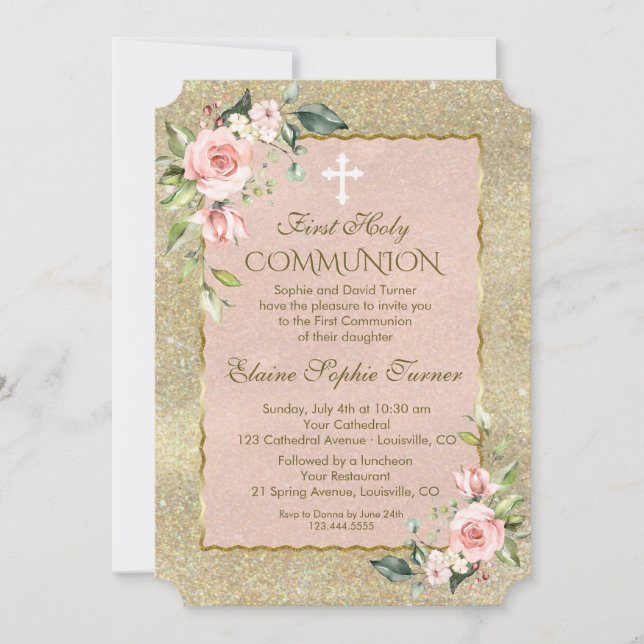 Luxury Gold Glitzer Pink Floral Erste Kommune Einladung (Vorderseite)
