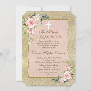 Luxury Gold Glitzer Pink Floral Erste Kommune Einladung