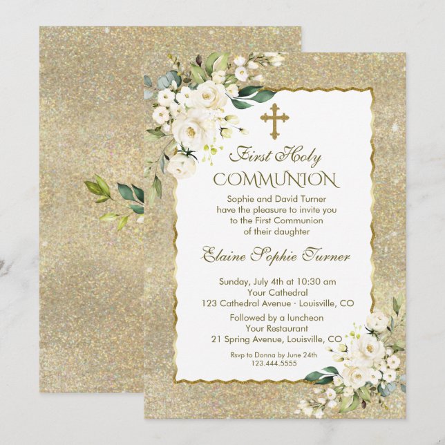 Luxury Gold Glitzer White Blume Erste Kommune Einladung (Vorne/Hinten)