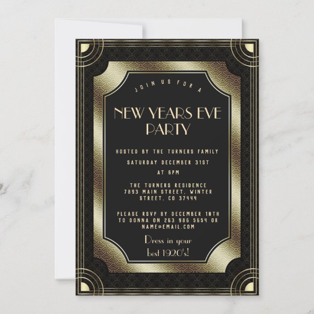 Luxury Gold Great Gatsby Black 20s New Year Party Einladung (Vorderseite)