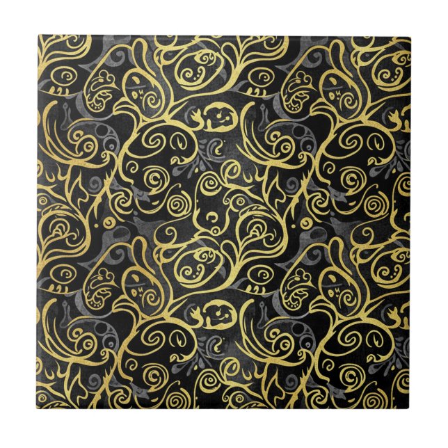 Luxury Gold Leaf Storybook Black Silver Fliese (Vorderseite)