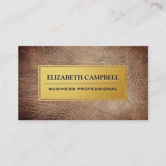 Luxury Gold Metal Plate | Brown Leather Visitenkarte (Vorderseite)