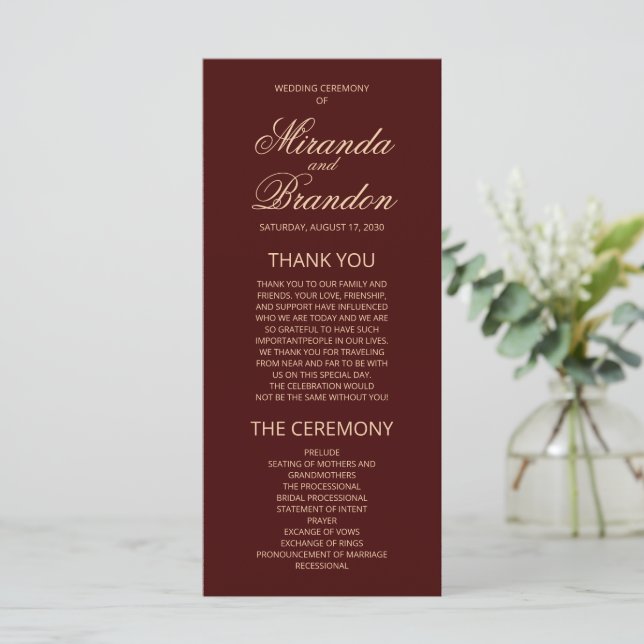 Luxury Gold Monogram Burgundy Wedding Program Card (Stehend Vorderseite)