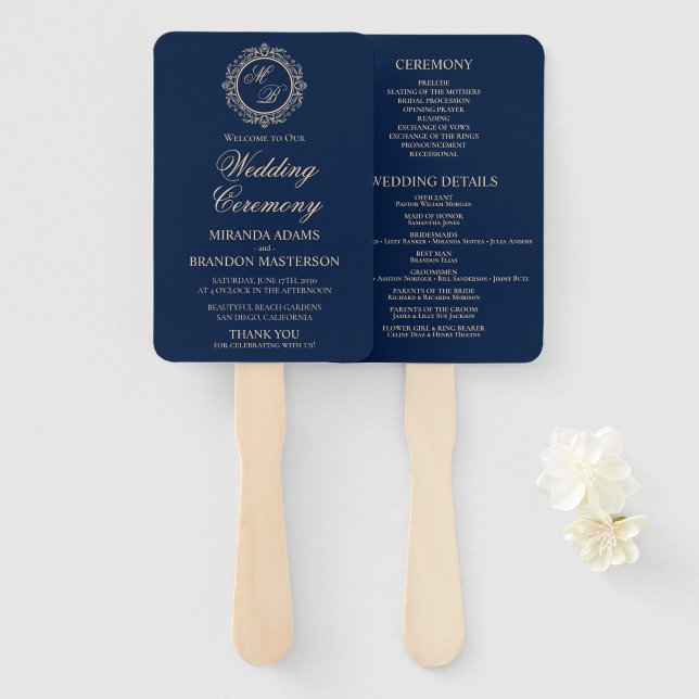 Luxury Gold Monogram Navy Blue Wedding Program Fächer (Vorne und Hinten)