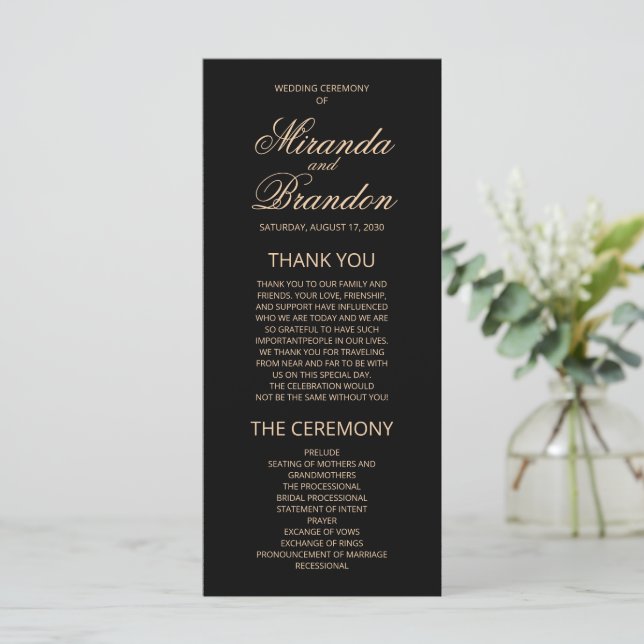 Luxury Gold Monogramme Black Wedding Programme (Debout devant)