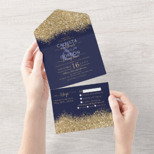 Luxury Gold Navy Glitzer Confetti Wedding All In O All In One Einladung