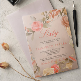 Luxury Gold Peach Coral Floral 60. Geburtstagspart Einladung