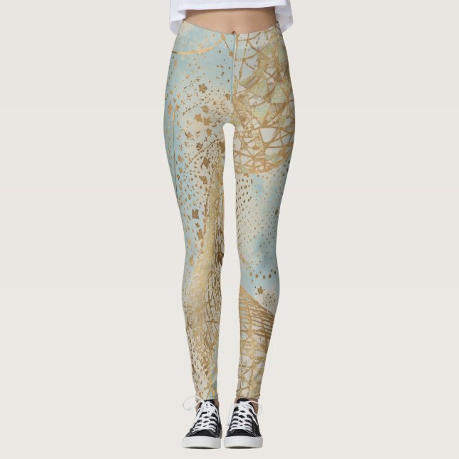 Luxury, Gold Pixels Lines Pattern Soft Blue Leggings (Vorderseite)