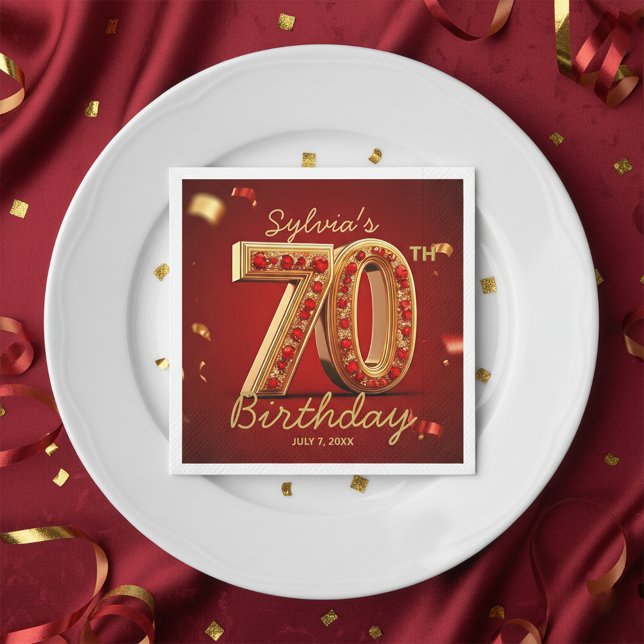 Luxury Gold Red Ruby Jewel Diamond 70th Birthday Serviette (Von Creator hochgeladen)