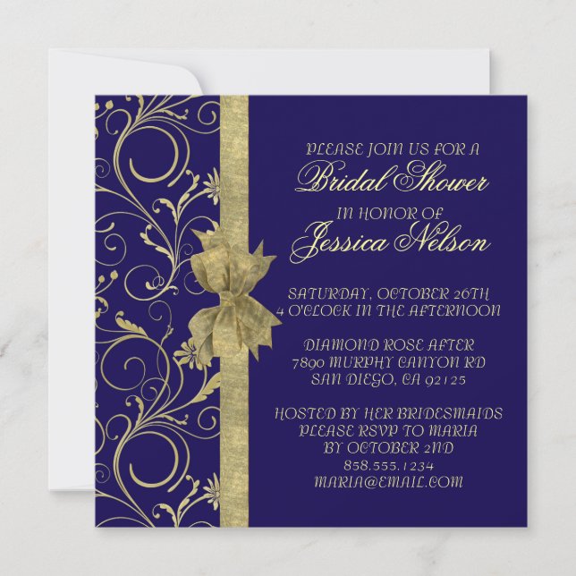 Luxury Gold Ribbon Damask Blauer Duschkopf Einladu Einladung (Vorderseite)