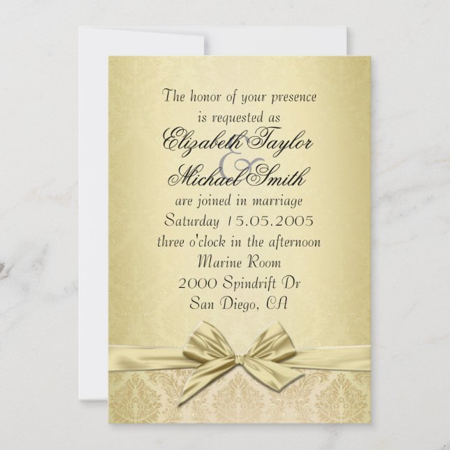 Luxury Gold Ribbon Damask Wedite Einladung (Vorderseite)