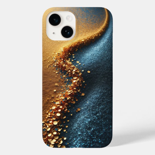 Luxury Gold Sequin River on Blue Glitter Sand Abst Case-Mate iPhone 14 Hülle (Rückseite)