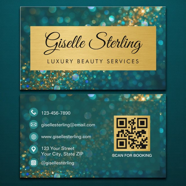Luxury Gold Teal Opal Glitter QR Code Visitenkarte (Von Creator hochgeladen)