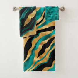 Luxury Gold Teal Tiger Stripe Pattern Badhandtuch Set