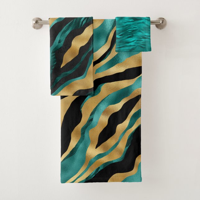 Luxury Gold Teal Tiger Stripe Pattern Badhandtuch Set (Insitu)