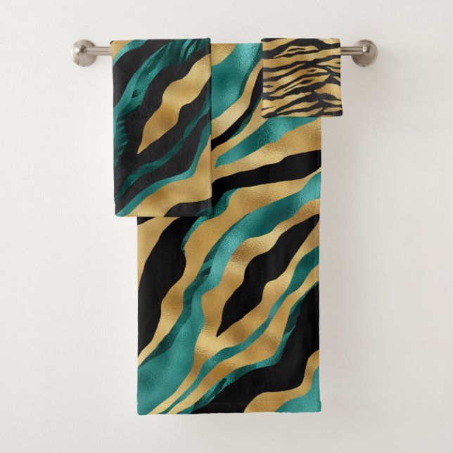 Luxury Gold Teal Tiger Stripe Pattern Badhandtuch Set (Insitu)