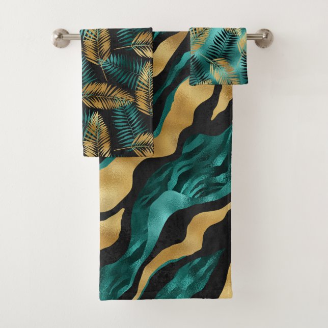 Luxury Gold Teal Tiger Stripe & Tropical Leaves Badhandtuch Set (Insitu)