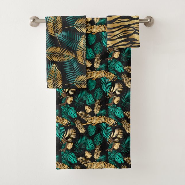 Luxury Gold Teal Tiger & Tropical Leaves Badhandtuch Set (Insitu)