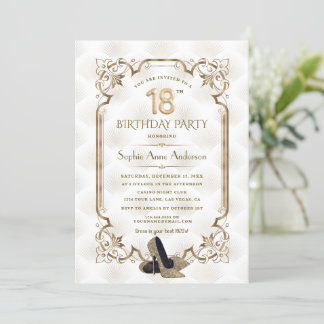Luxury Gold White Art Deco 18. Geburtstag Einladung