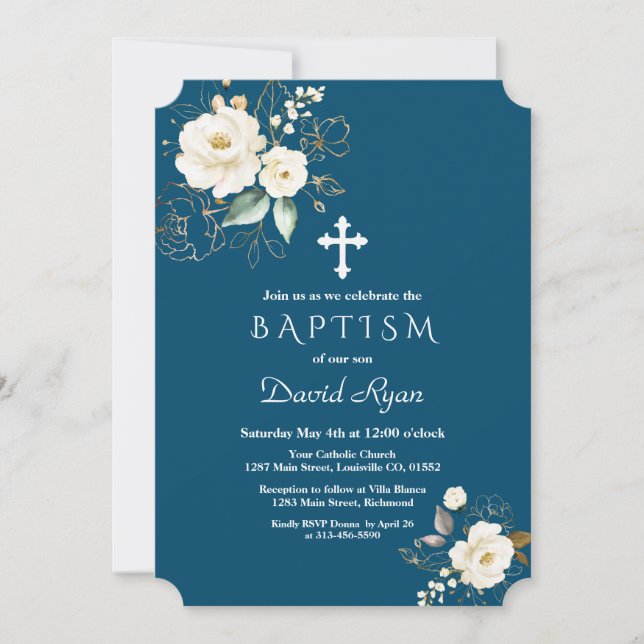 Luxury Gold White Blume Cross Boy Taufe Einladung (Vorderseite)