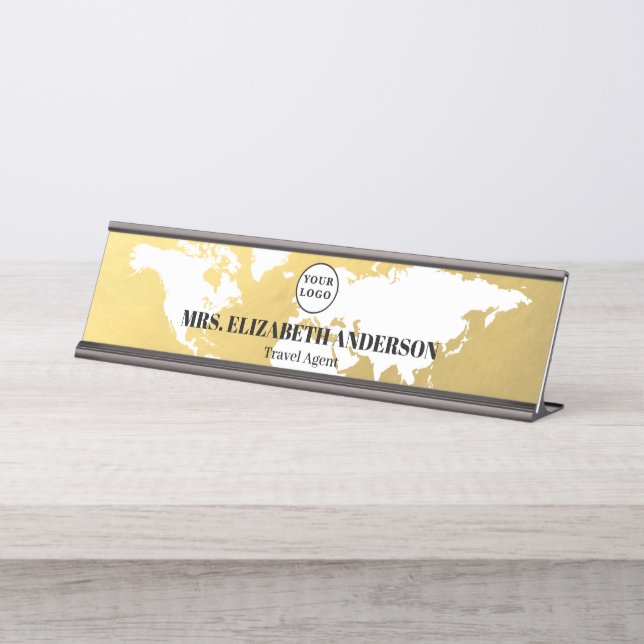 Luxury Gold World map travel agency with logo Schreibtischnamensplakette (Vorderseite )