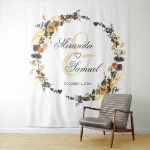 Luxury Golden Noir Wedding Monogram Wandteppich