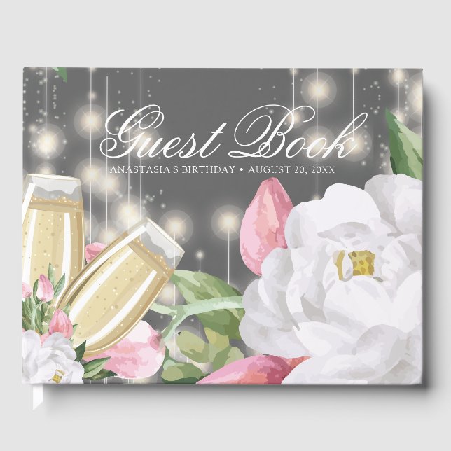 Luxury Gray Champagne Floral Geburtstag Gästebuch (Vorderseite)