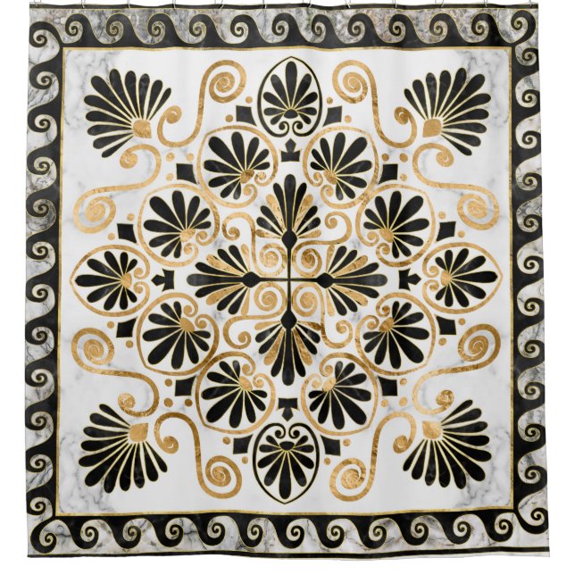 Luxury Greek Ornament Black and White Marble Duschvorhang (Vorderseite)