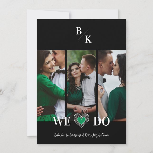 Luxury Green Heart Lace Effect 3 Multi Photos Einladung (Vorderseite)