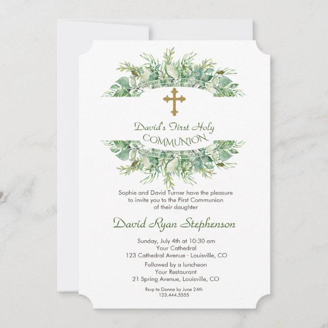 Luxury Greenery Gold Cross Holy Communion Einladung (Vorderseite)