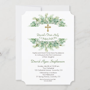 Luxury Greenery Gold Cross Holy Communion Einladung