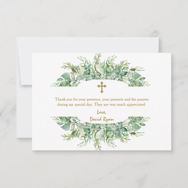 Luxury Greenery Gold Cross Taufe Dankeskarte (Vorderseite)