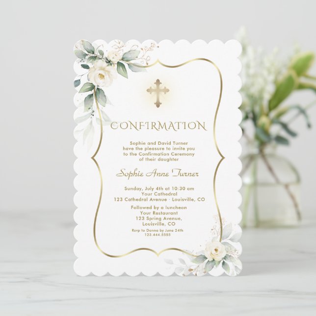 Luxury Greenery White Floral Girl Bestätigung Einladung (Stehend Vorderseite)